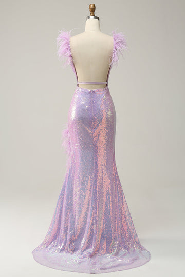 Mermaid Sweetheart Purple Paljetter Long Prom Kjole med fjær
